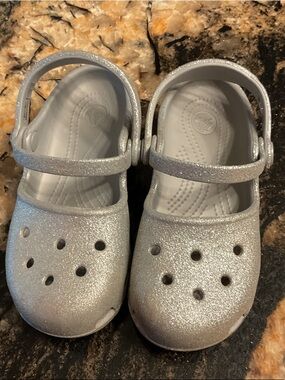 CROCS Kids Silver Glitter Mary Jane Clogs